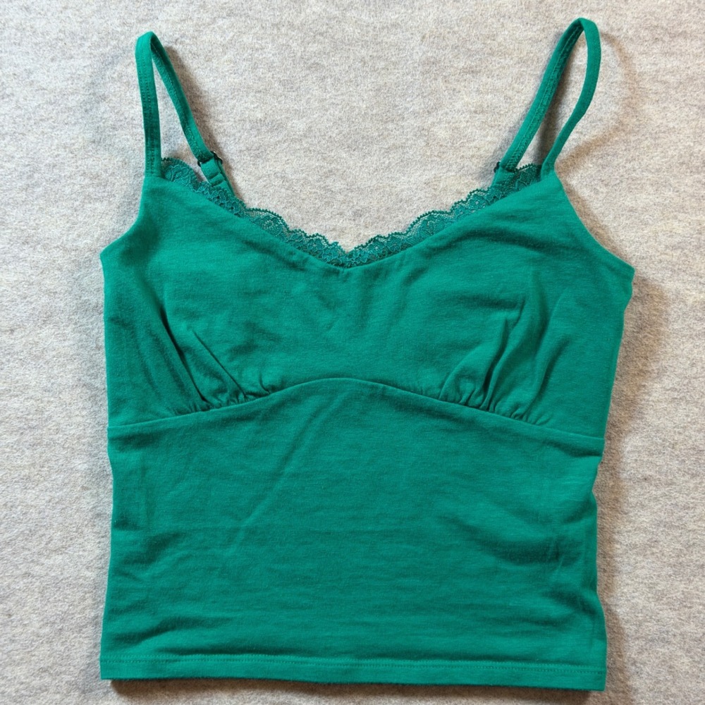 Hollister Green Lace Trim Cami Top Ruched Bust Empire Waist XS